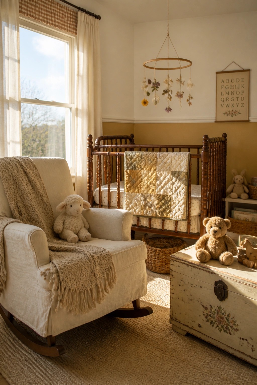 A nursery interior with a dark wood crib, patchwork quilt, white rocking chair with a stuffed lamb, woven baskets, and walls painted yellow on the bottom half and off-white above.