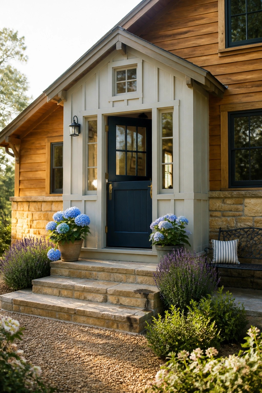 A house exterior showing horizontal wood siding above a stone base, with a dark blue door and steps leading to the entrance.