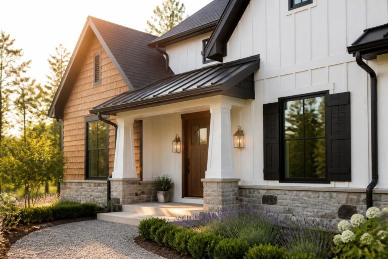 A two-story farmhouse exterior featuring white vertical siding on the left, cedar shake shingles on the right and gable, a stone foundation, black shutters, a covered porch with columns, and a gravel walkway.