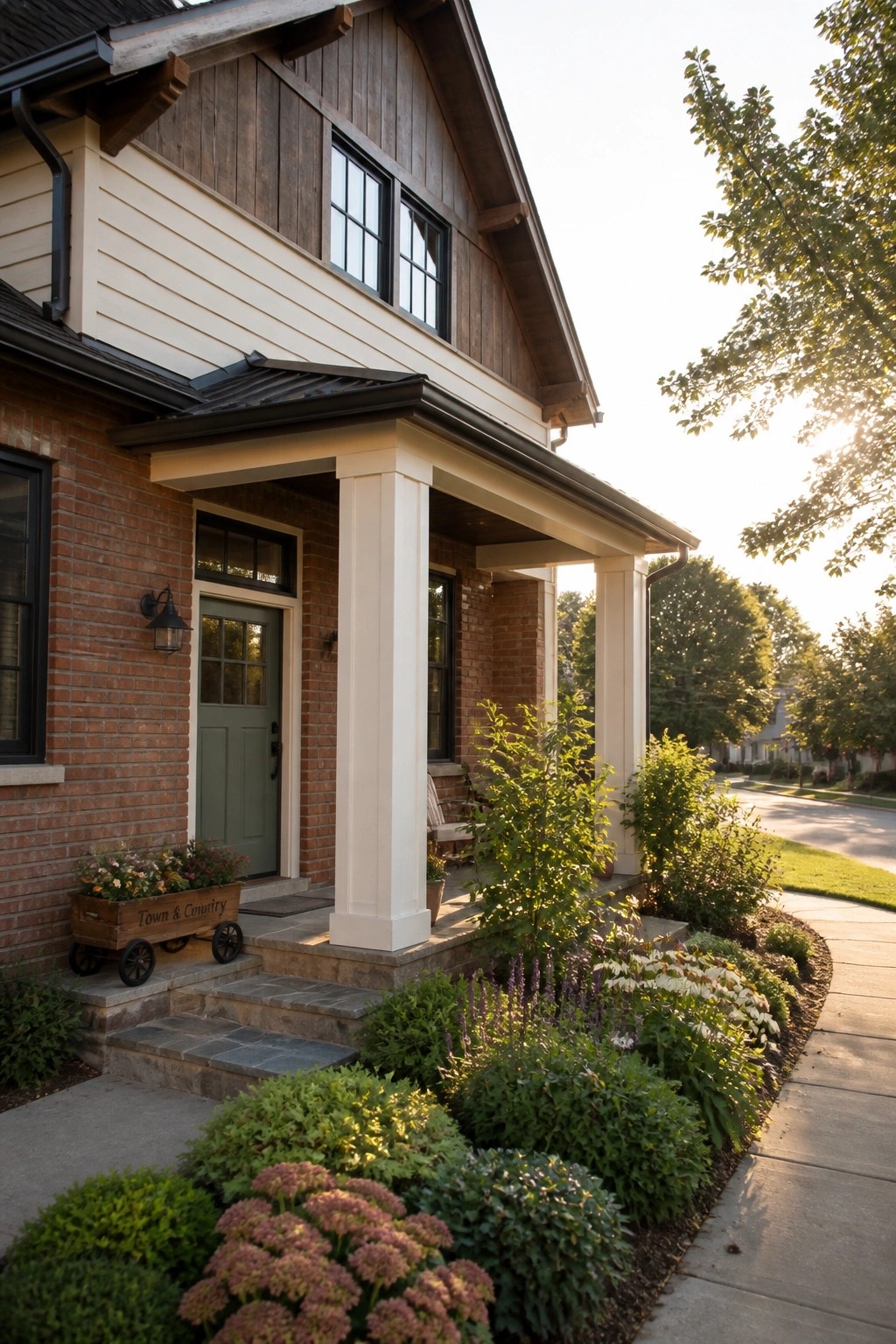 A two-story brick and siding farmhouse with a white porch, green door, and stone steps.