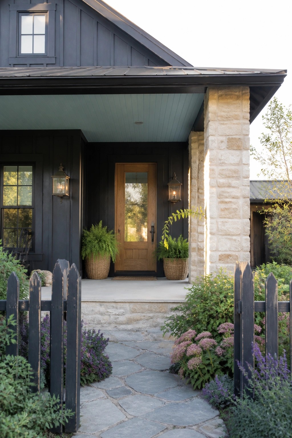 A dark farmhouse exterior with horizontal siding, a light stone pillar beside the entry, a wooden door, and a stone pathway leading to the porch.