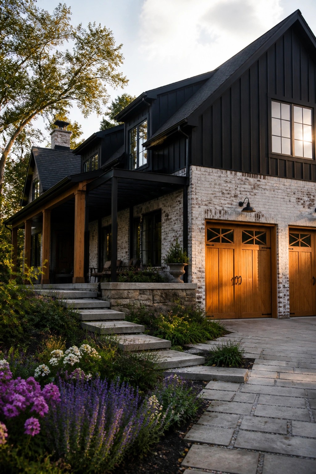 A farmhouse exterior showing black vertical siding on the upper level meeting white brick on the lower level, with wooden garage doors and a covered porch.