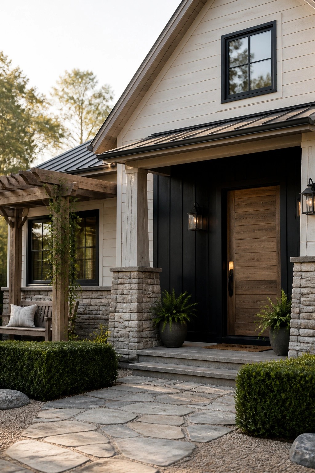 A white farmhouse exterior with horizontal siding, black trim, a wooden front door, stone porch pillars, and a stone pathway.