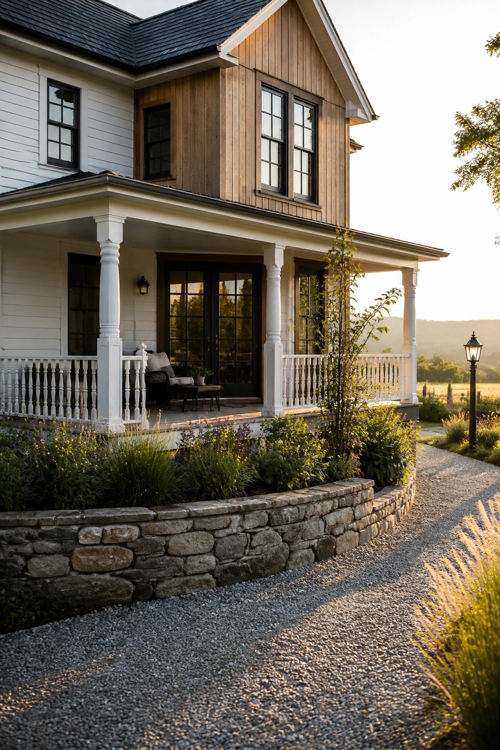 White and wood farmhouse with porch, stone wall, and gravel path at sunset.