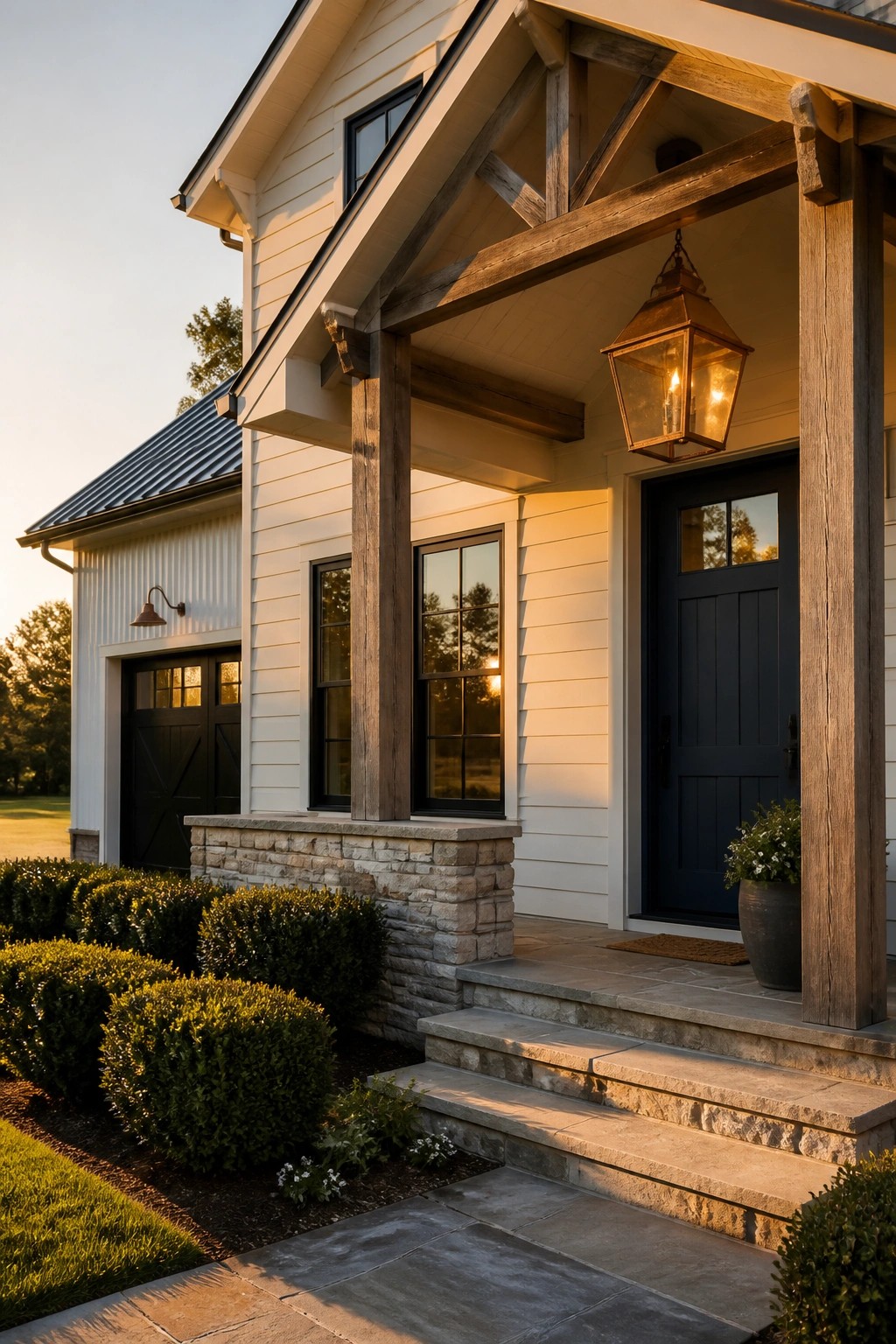Farmhouse exterior showing white siding above a stone base, with wooden porch posts, a dark front door, and black window frames.