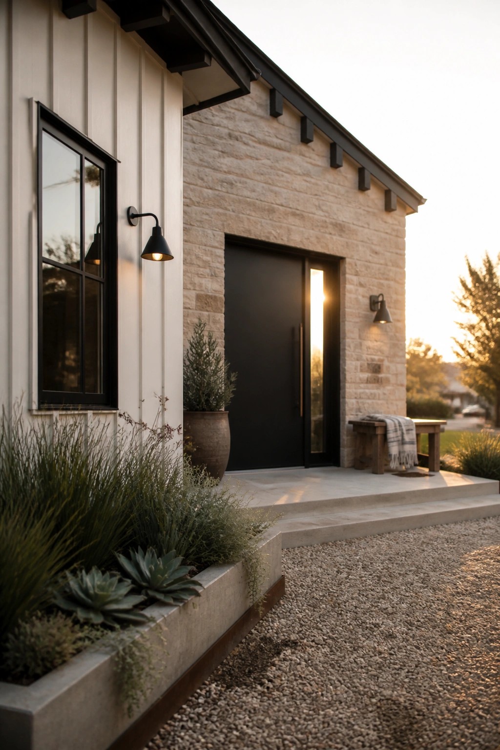 A modern farmhouse exterior with white vertical siding meeting light stone walls beside a black front door and a concrete planter in the foreground.