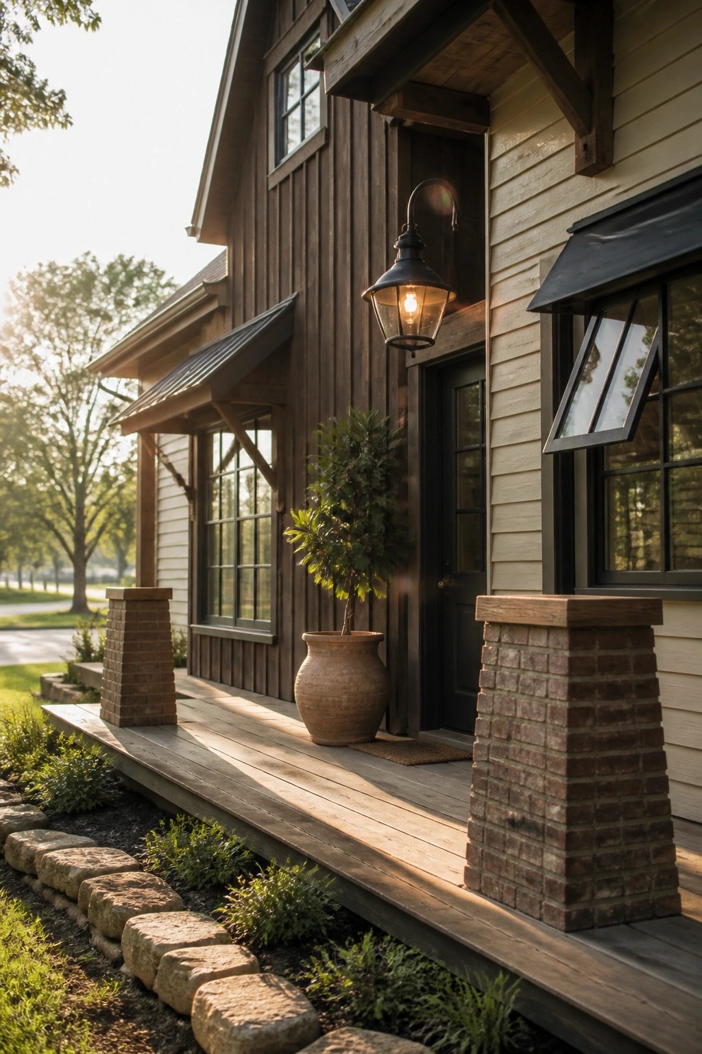 Farmhouse exterior showing dark vertical wood siding next to light horizontal siding, with a wooden porch, brick pillars, and a lit wall lantern beside the door.