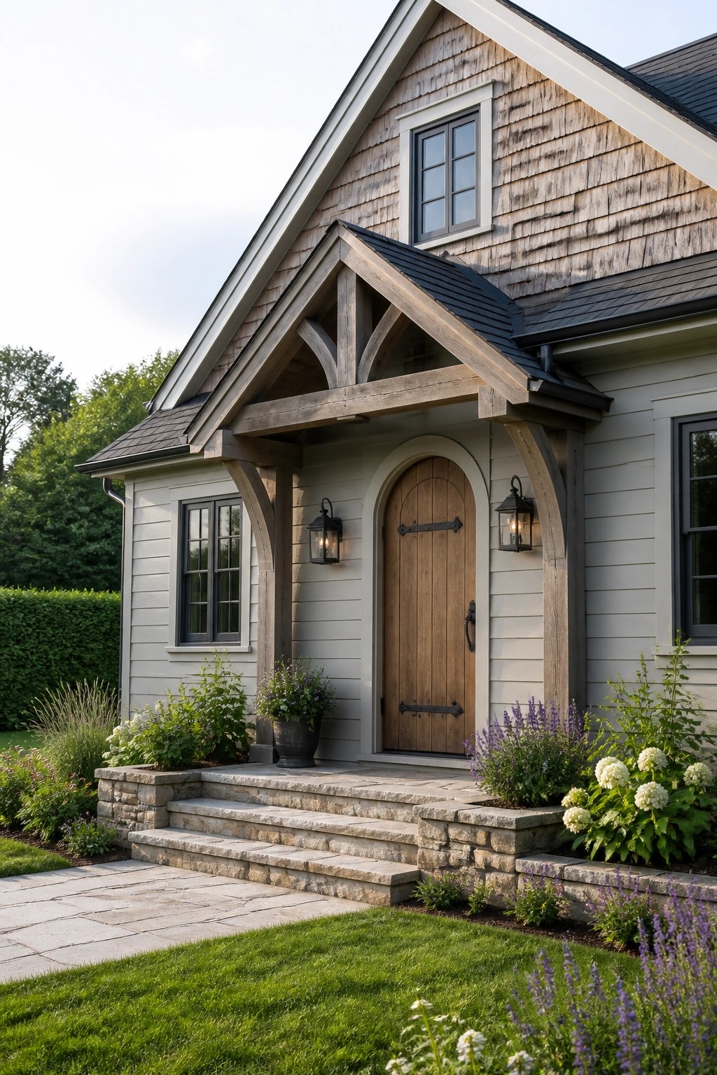 A farmhouse exterior showing wood shake shingles on the gable above light horizontal siding, with a stone porch base, arched wooden door, and black window trim.