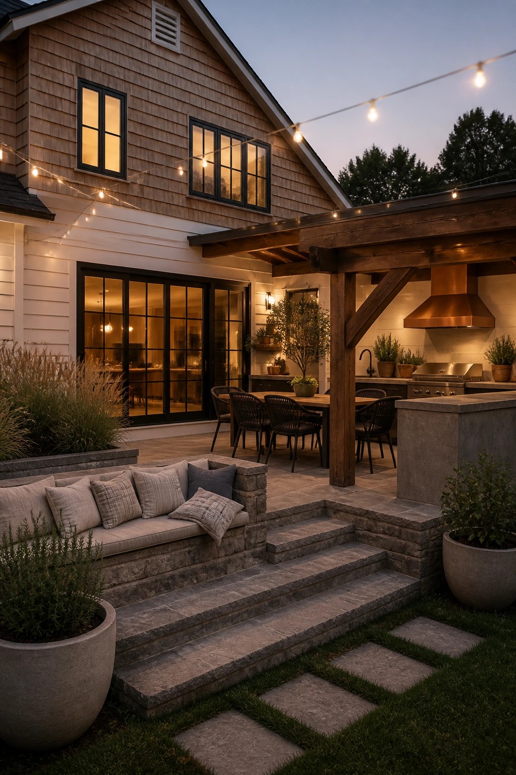 A two-story house with wood shingle siding on the upper section and white siding below, black-framed windows, and a stone patio with steps and outdoor seating.
