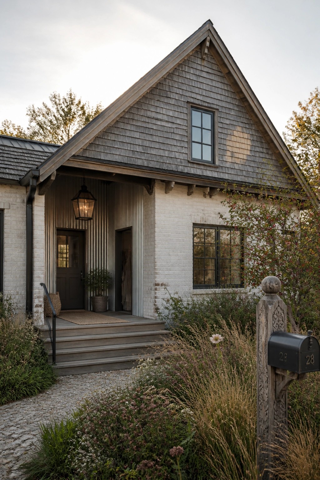 A white brick farmhouse with gray wood shingles on the gable end, black-framed windows, and a front porch with corrugated metal siding.