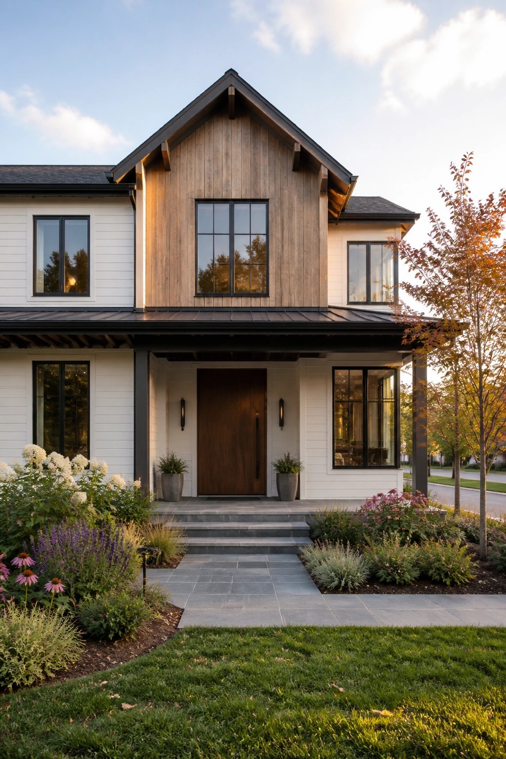 Front view of a two-story farmhouse with white horizontal siding on the lower level and vertical wood siding on the upper gable, dark trim, and a central wooden entry door.