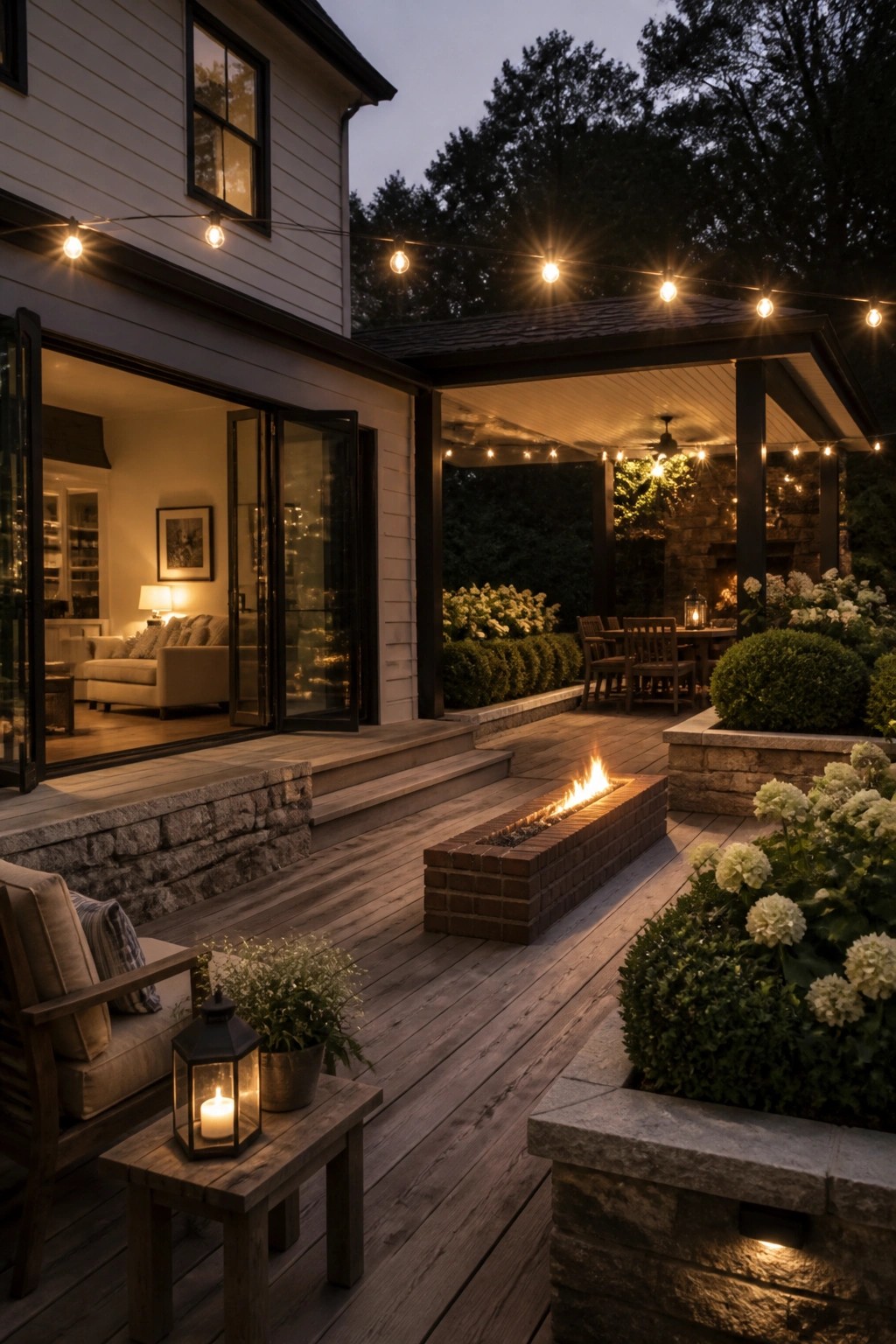 A white-sided house with stone foundation and trim, open to a wooden deck that includes a long brick fire pit, string lights, and outdoor seating at dusk.