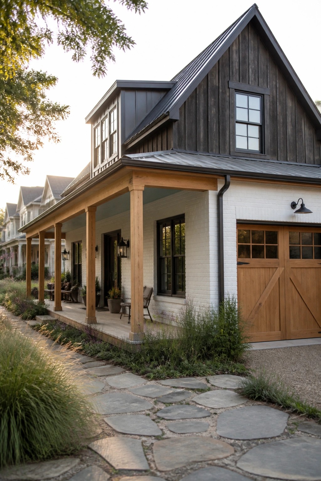 Modern farmhouse with white brick walls, dark wood siding, porch, and stone path.