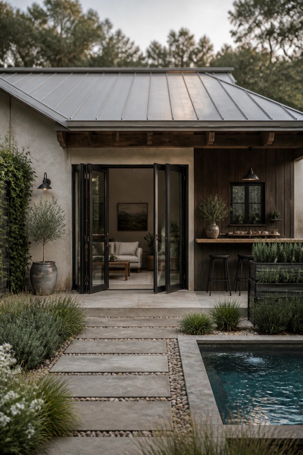 Exterior view of a modern farmhouse with mixed wood and plaster walls, a standing seam metal roof, open black doors, and a pool beside a stone path.