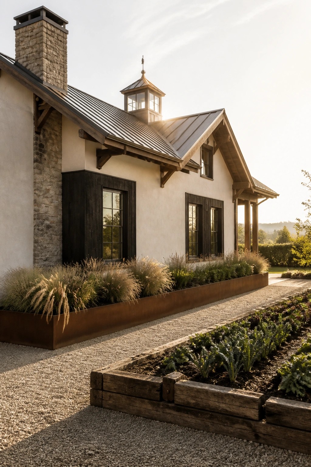 Elegant farmhouse with cupola, stone chimney, metal roof, and raised garden beds.