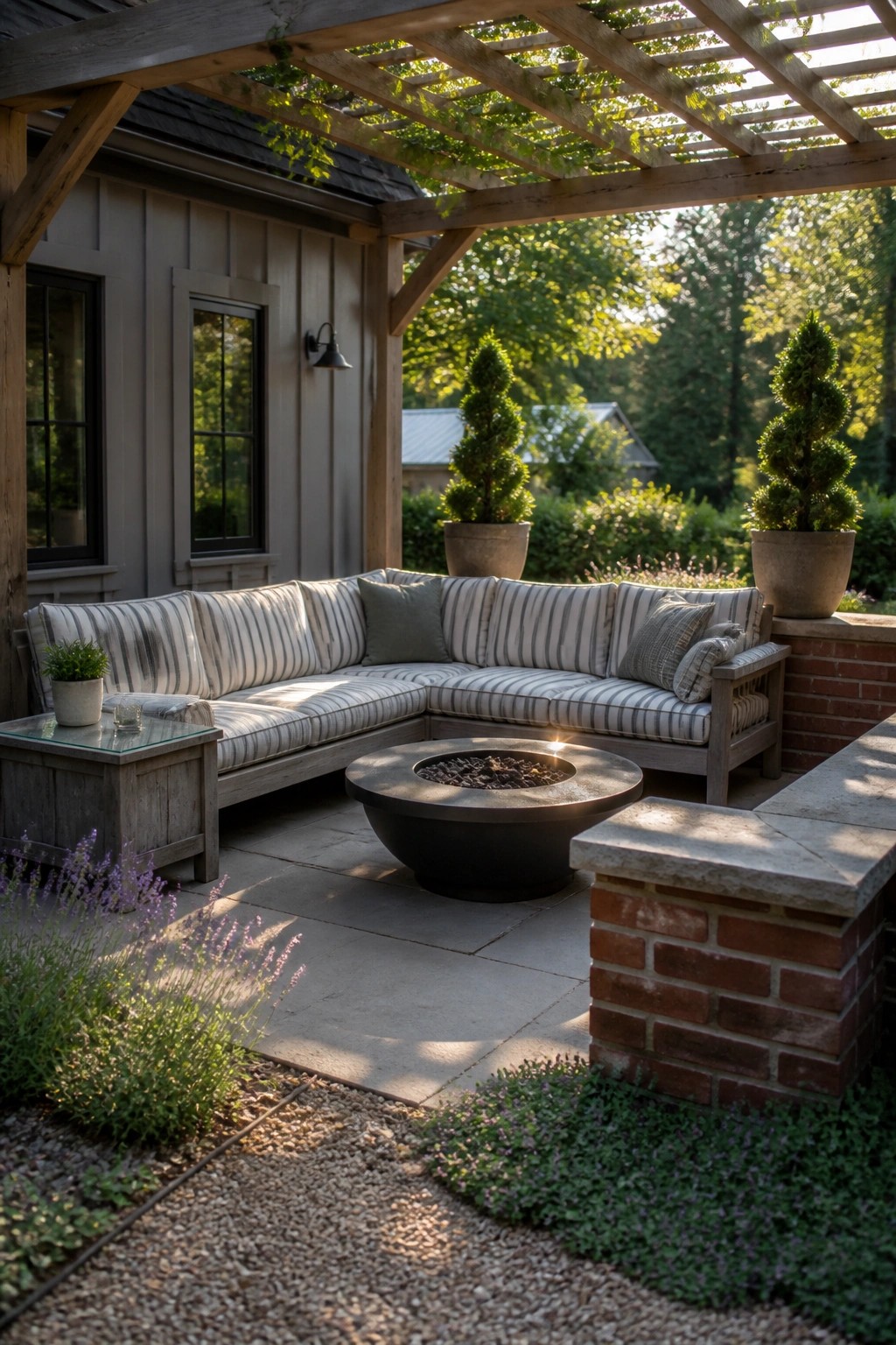 A stone patio with a round black fire pit, L-shaped striped sectional sofa, wooden pergola, and brick ledge next to a house with gray siding.
