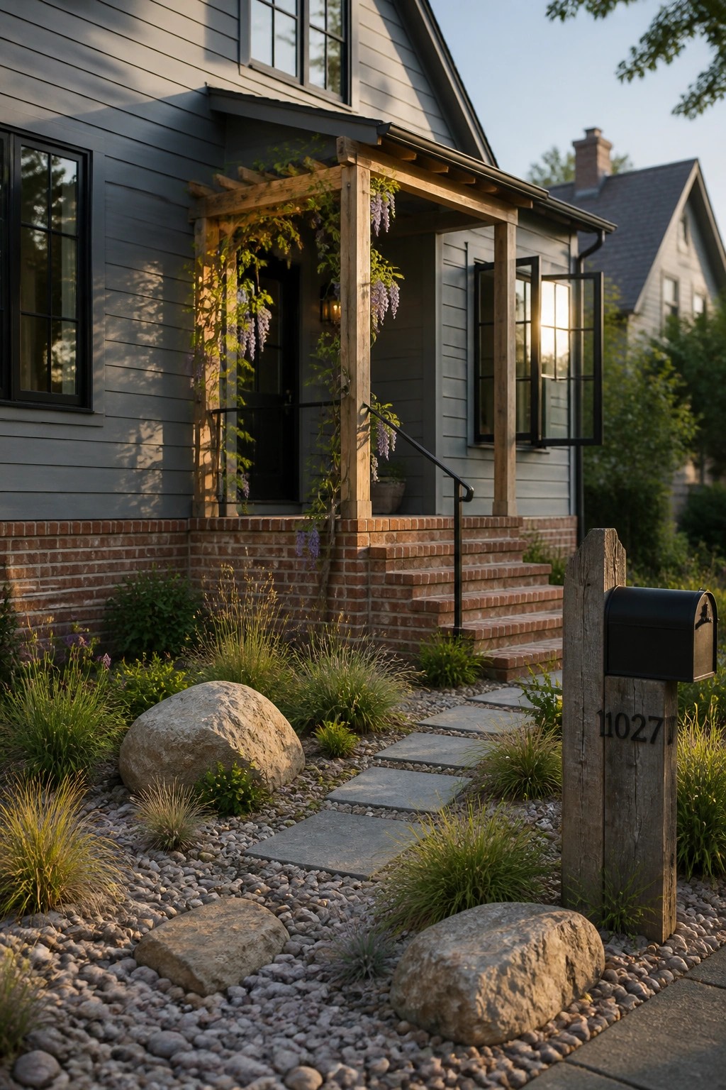 A gray sided house with red brick foundation, wooden porch with vines, stone path through gravel, and wooden mailbox post in the foreground.