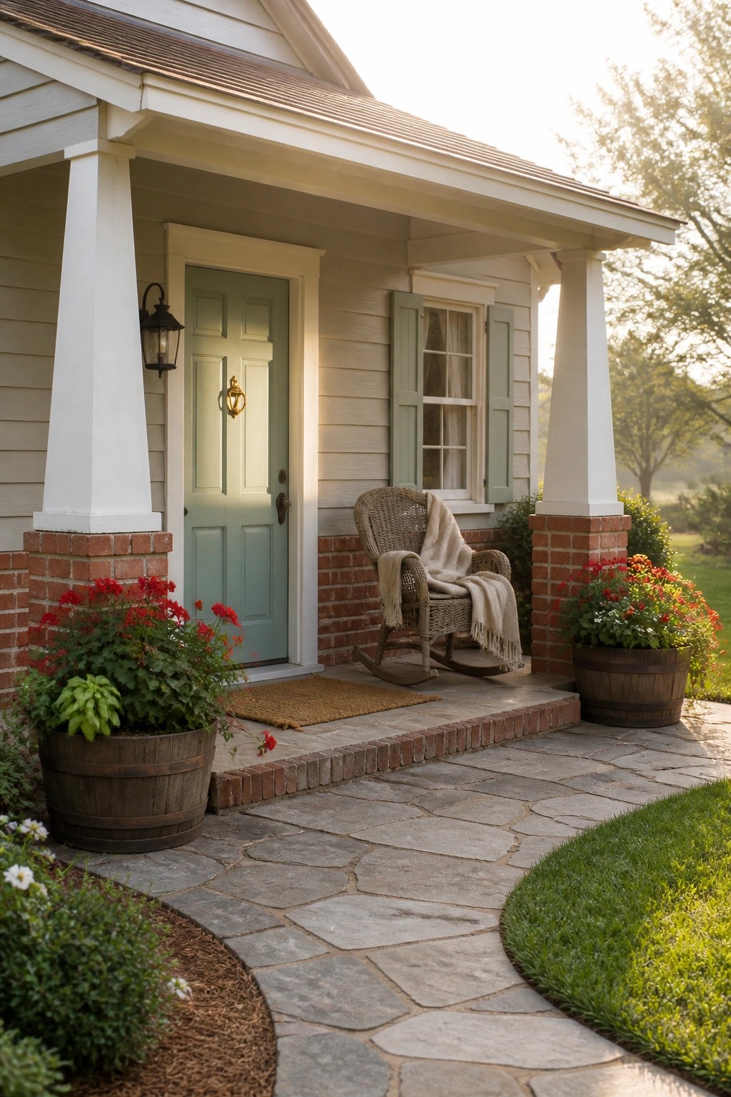 A front porch view of a house with light gray siding, white trim and columns, red brick bases, a green door, and a stone pathway.