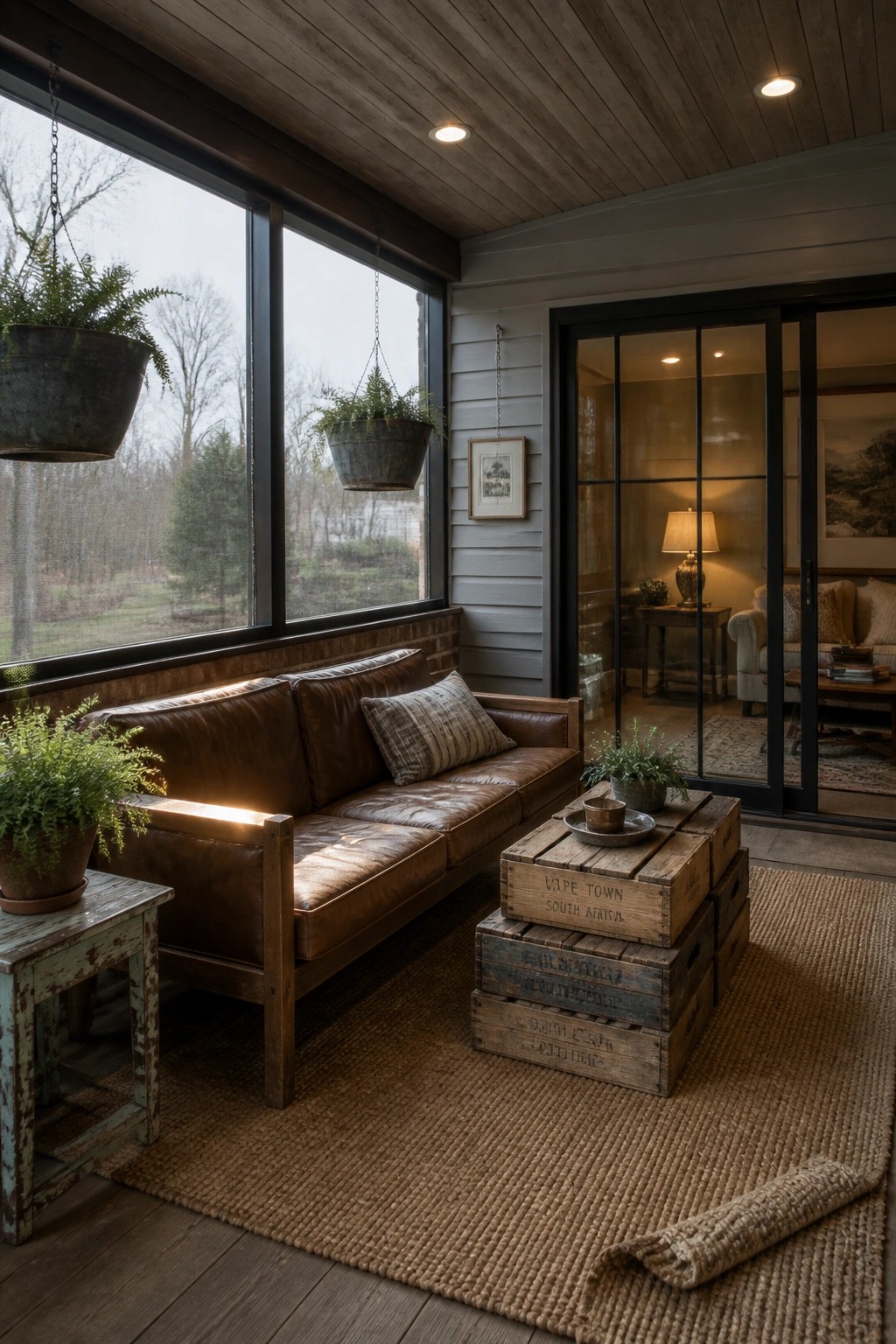 A covered porch with brown leather sofa, stacked wooden crates, hanging plants in metal buckets, and large windows showing gray siding above a brick ledge.