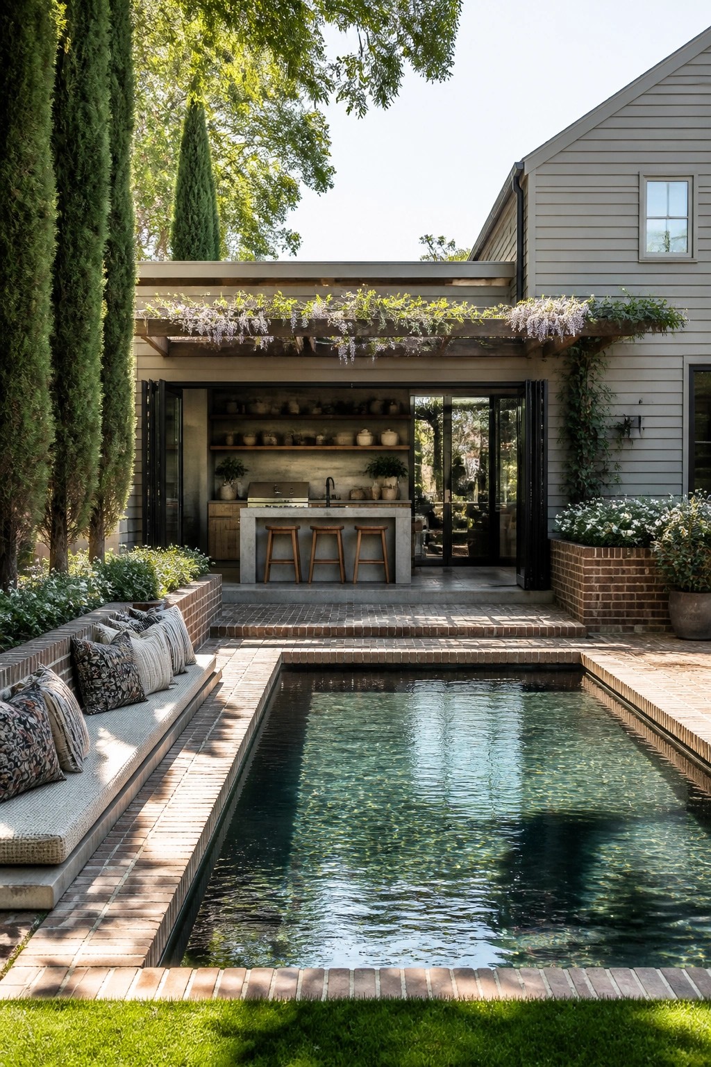 Brick-edged pool beside outdoor kitchen with stools and vine-draped pergola