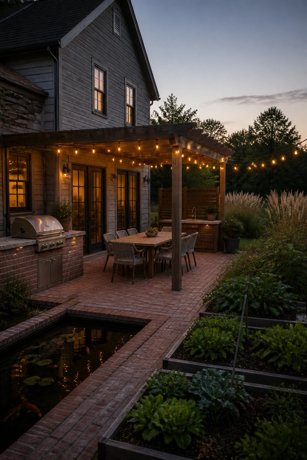 A gray farmhouse exterior with brick patio, wooden pergola strung with lights, outdoor dining table, grill station, pond, and raised garden beds at dusk.
