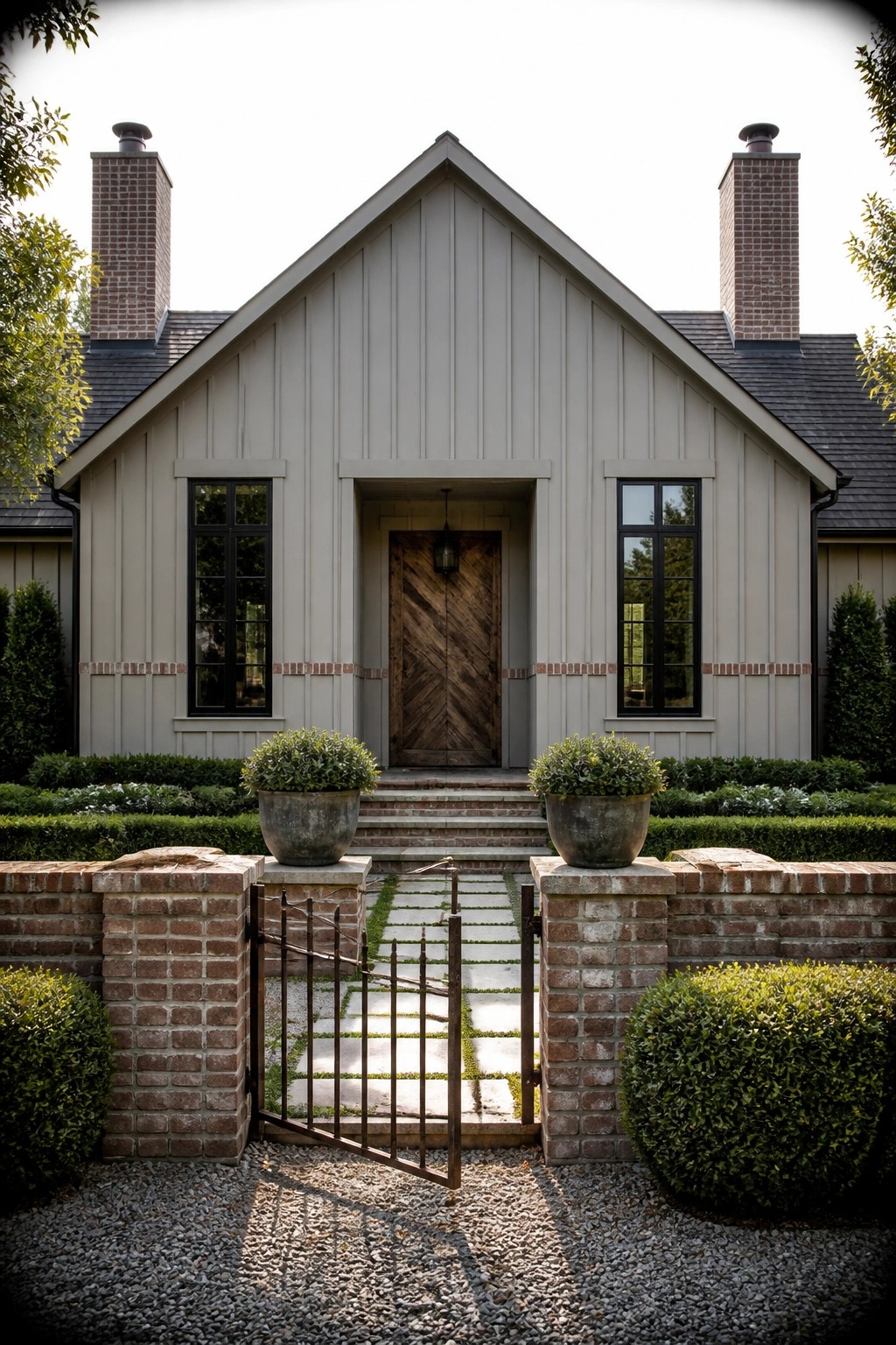 A light gray farmhouse with vertical siding, brick chimneys, black-framed windows, a wooden door, and a low brick wall with an open metal gate in the foreground.