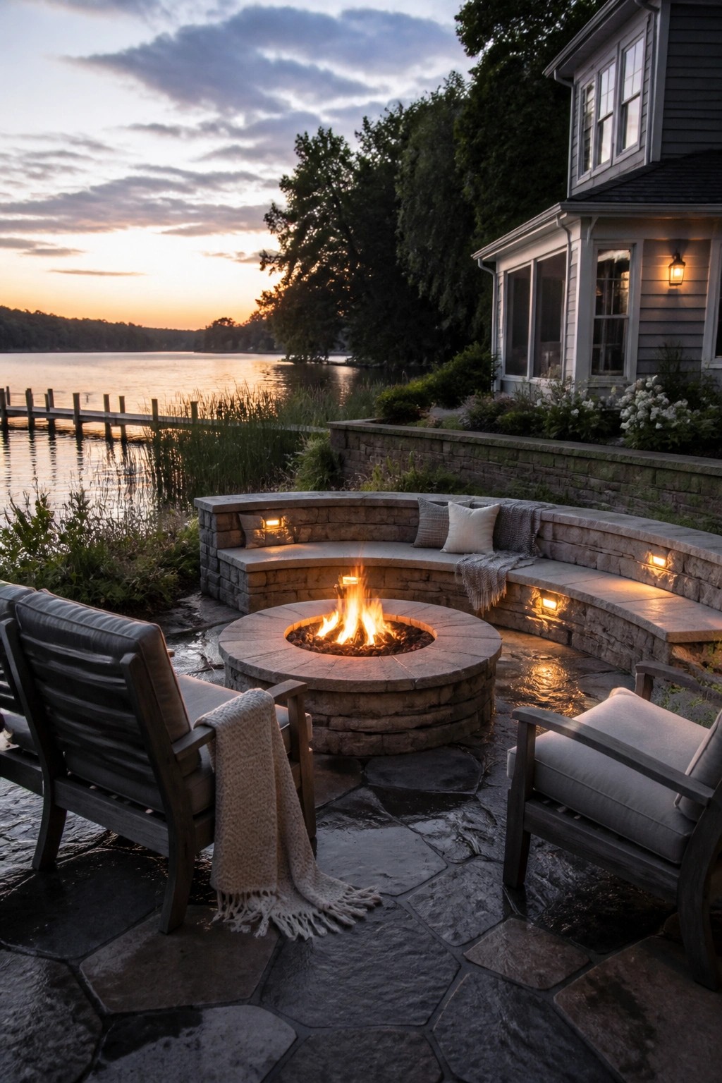 A stone patio with a circular fire pit surrounded by a curved built-in bench, two wooden chairs, and a house with gray siding overlooking a lake at dusk.