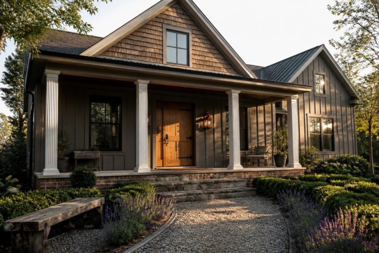 A farmhouse exterior featuring gray wood siding above a red brick base, white porch columns, a wooden front door, and a gravel path with lavender plantings.