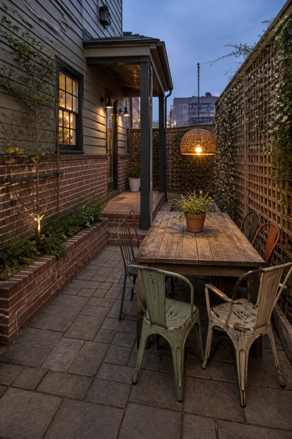 A wooden dining table with metal chairs on a stone patio beside a house with gray siding over brick, lit by a hanging woven pendant light.
