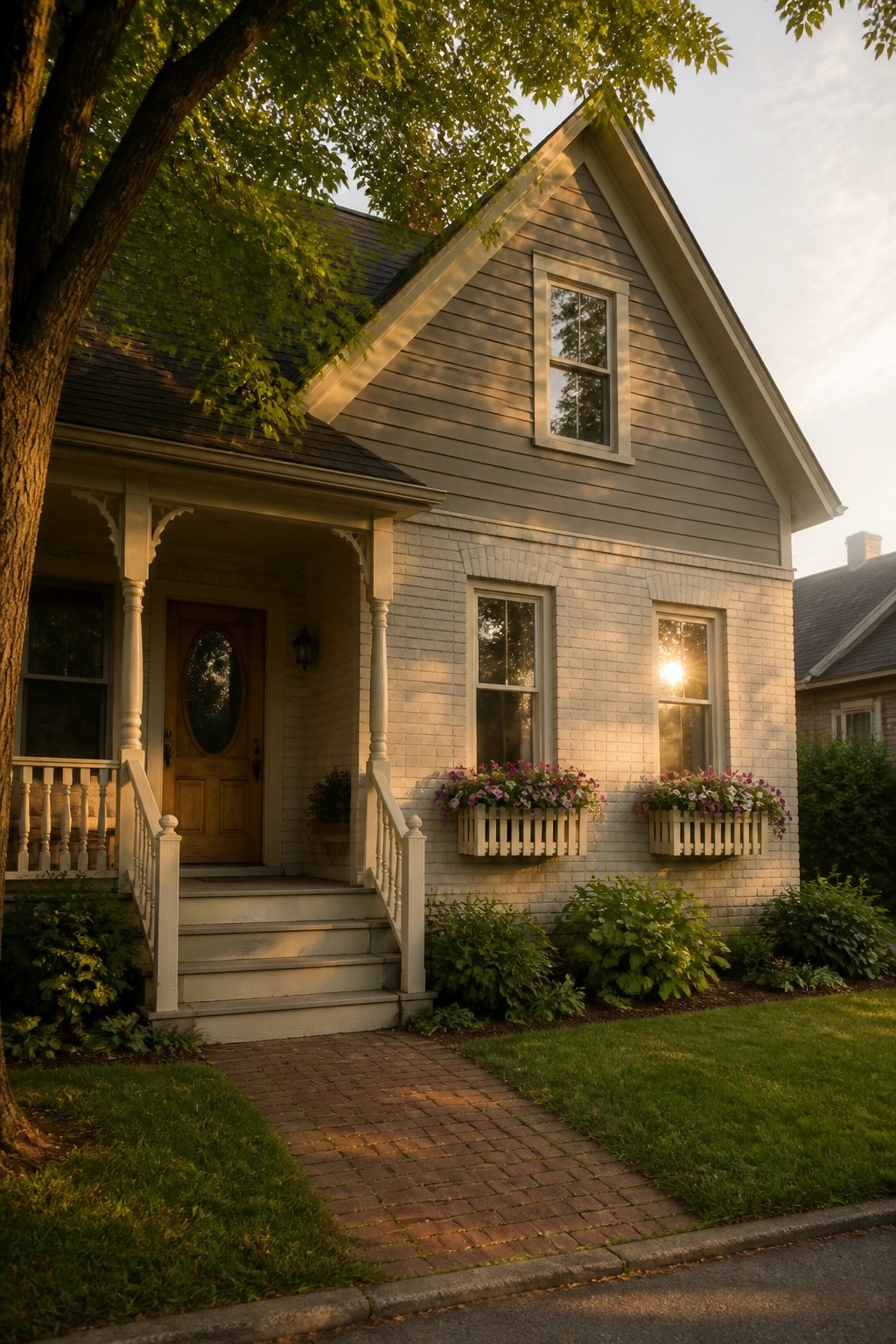 Charming two-story house with white porch, flower boxes, and brick walkway at sunset