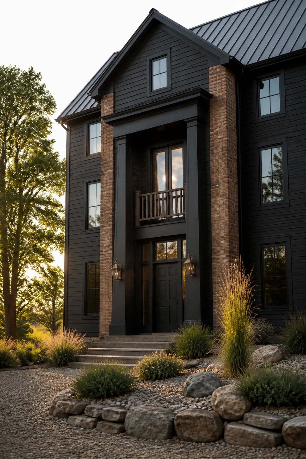 Front view of a two-story farmhouse with dark gray siding, brick columns flanking the entry, black trim, and a metal roof, with gravel and rock landscaping in the foreground.