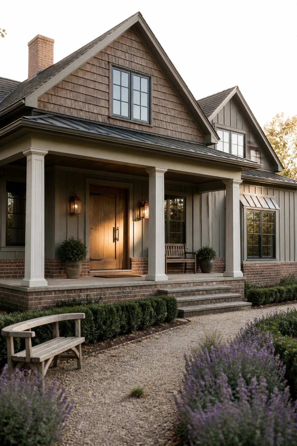 A farmhouse exterior featuring gray wood siding above a red brick base, white porch columns, a wooden front door, and a gravel path with lavender plantings.