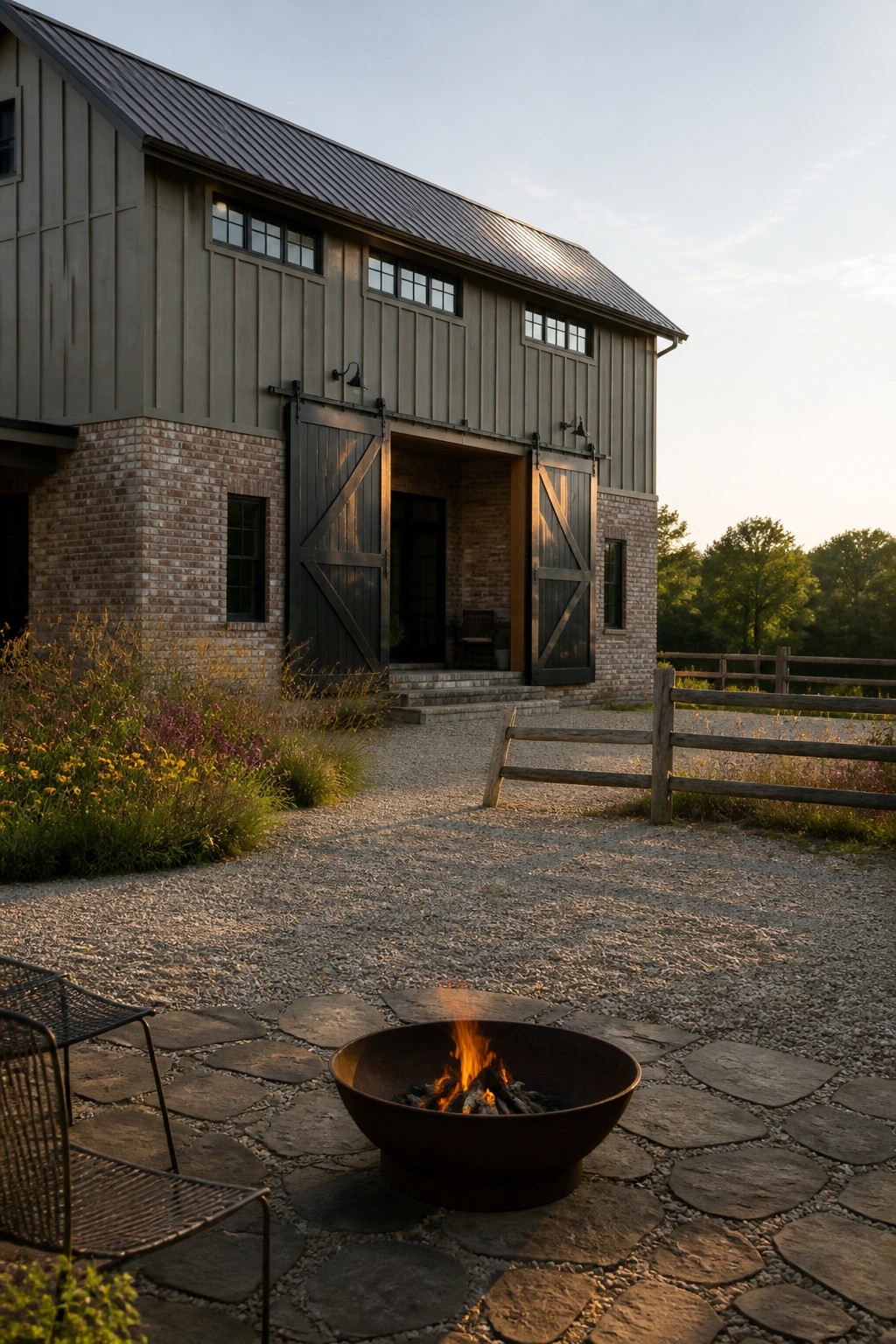 A gray metal-sided barn house with a brick lower level, large dark sliding barn doors, and a round fire pit on a stone patio in the foreground.