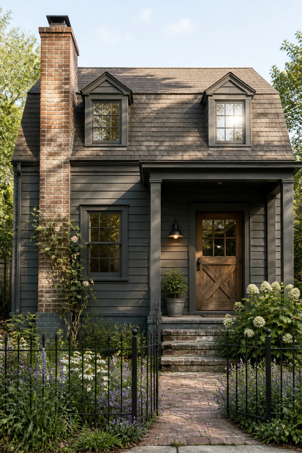 A dark gray farmhouse exterior with a tall brick chimney on the left side, a wooden front door under a small porch, and two dormer windows on the roof.