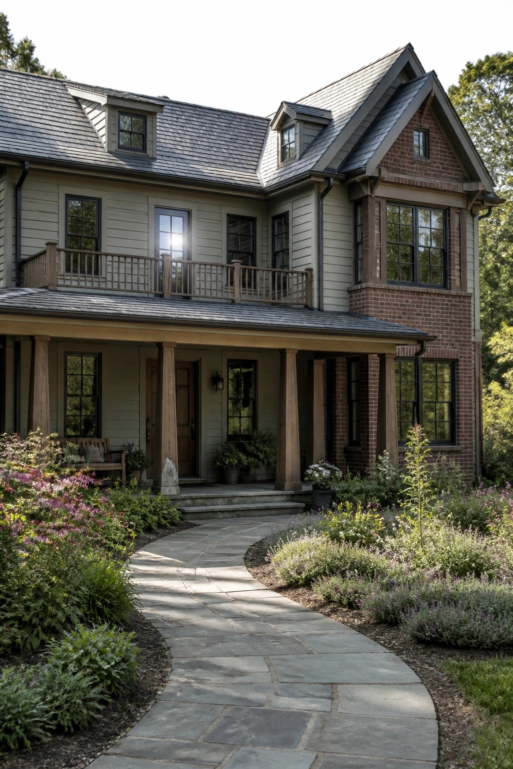 A two-story farmhouse exterior with light gray siding, brick accents on the right side and porch columns, a stone front path, and garden beds along the walkway.