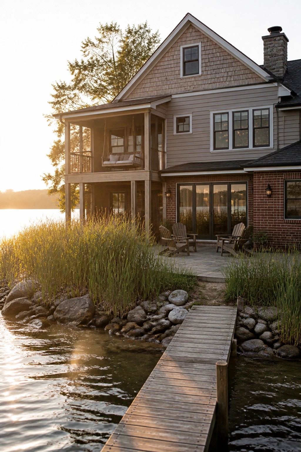A two-story house with gray siding above brick on the lower level, shown beside a wooden dock over the water.