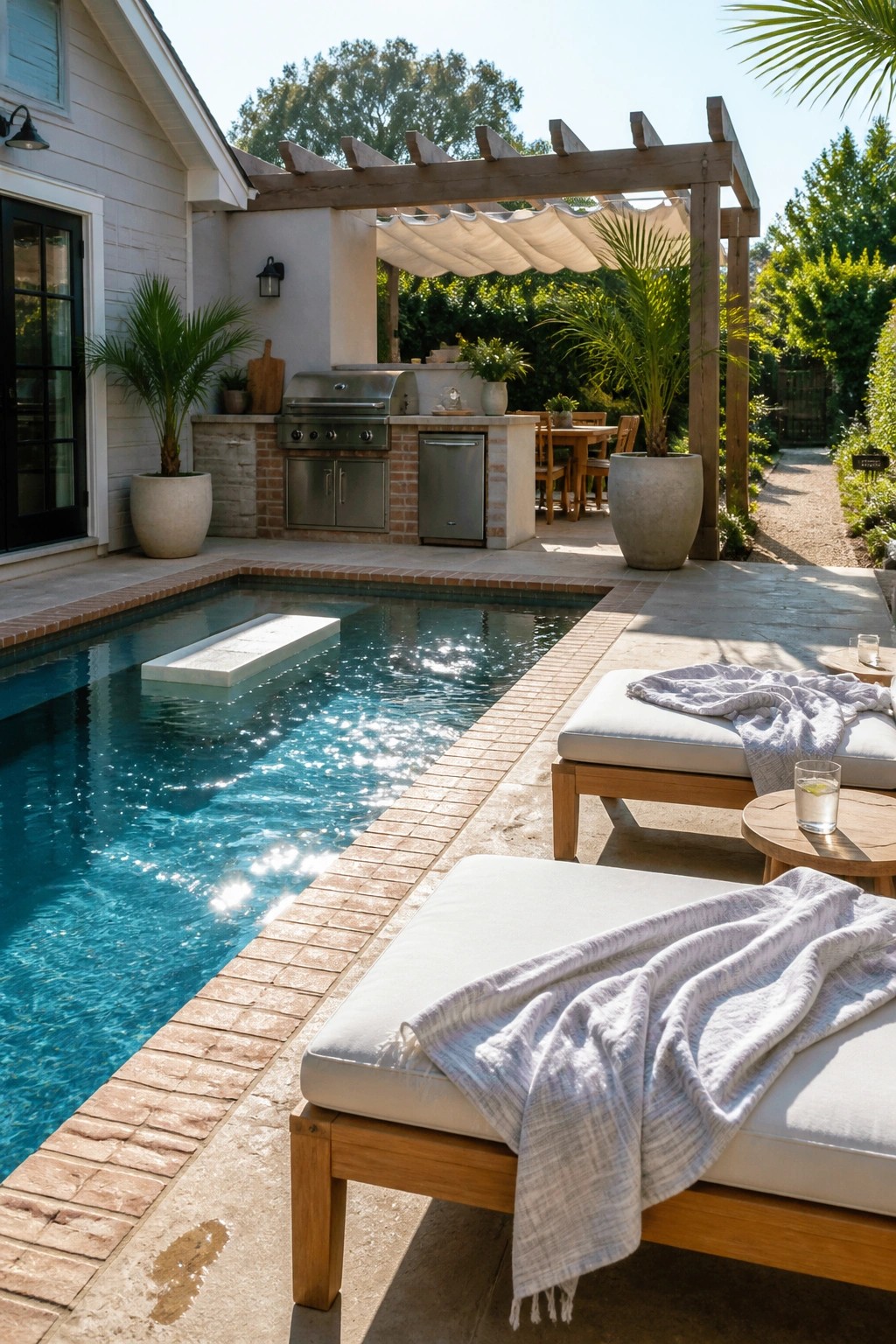 Backyard scene with a swimming pool, brick outdoor kitchen, wooden pergola with shade fabric, and lounge chairs next to a house with gray siding.