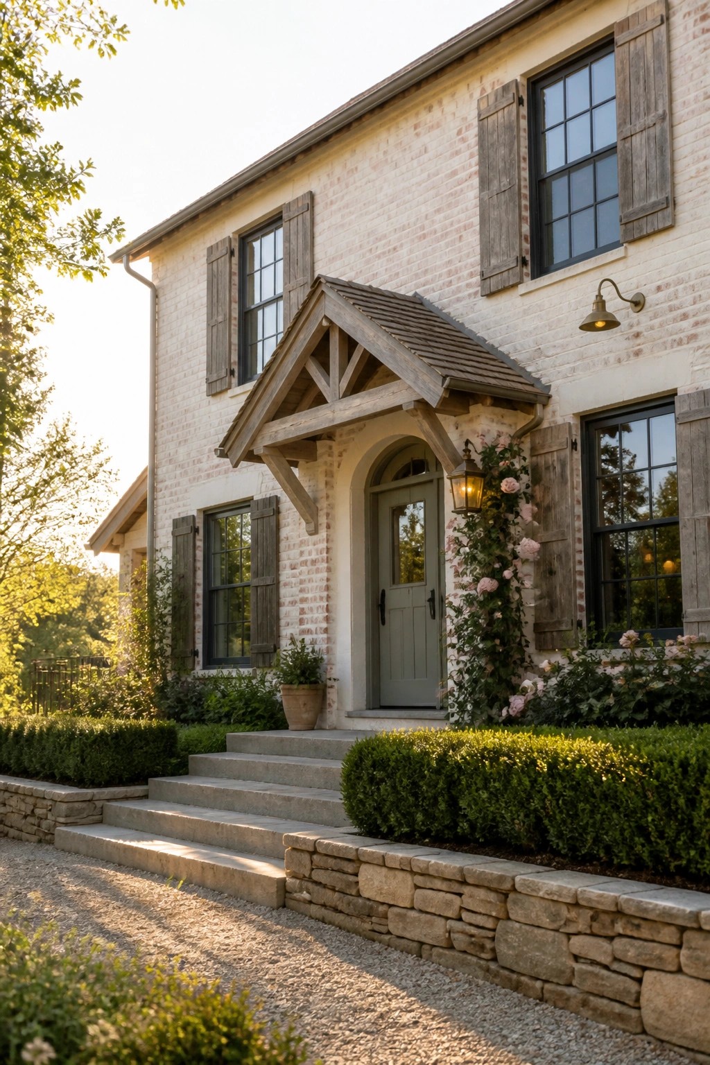 A light brick two-story house with a wooden gable entry canopy over a green door, wooden shutters on the windows, and climbing roses along one side of the entrance.