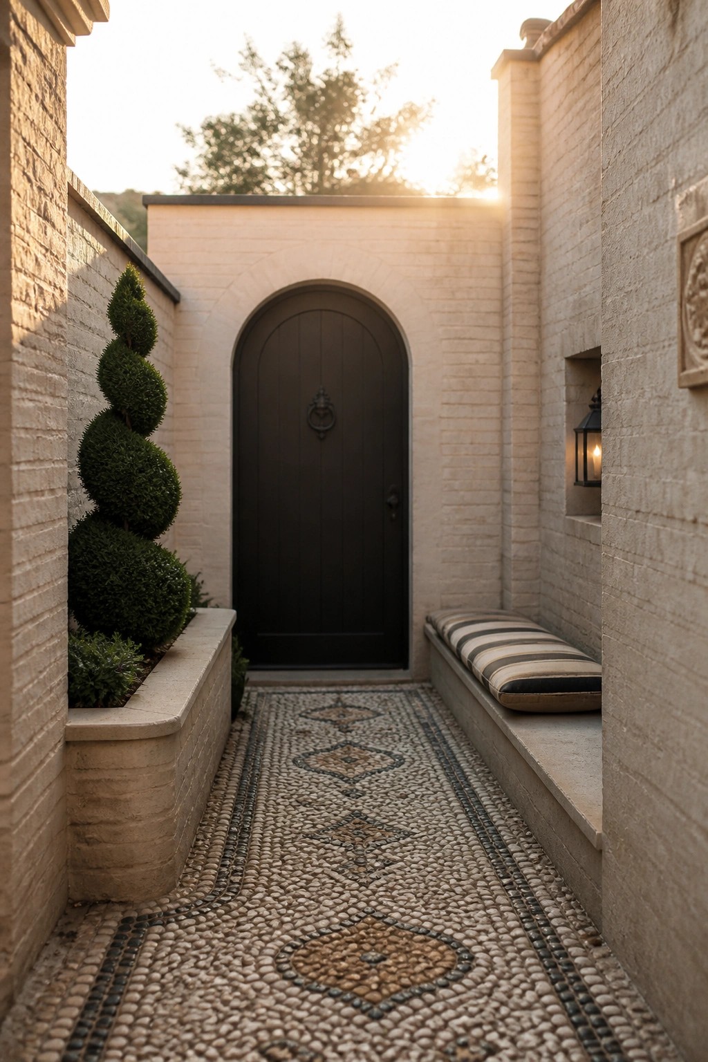 A narrow brick courtyard with a pebble mosaic path leading to a dark arched door set in light limewashed brick walls, with a built-in bench on one side and topiary plants on the other.