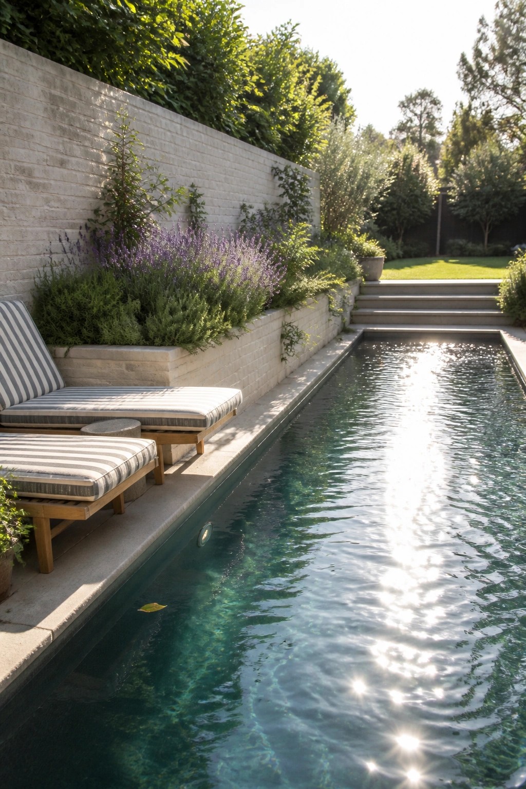 A long rectangular pool with two striped lounge chairs on the concrete edge beside a white masonry wall that has built-in planters filled with green and purple plants.