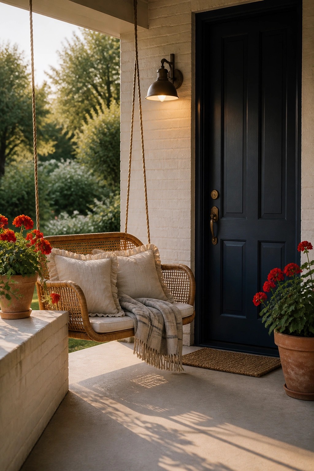 A rattan hanging porch swing with beige cushions and a throw blanket sits on a concrete porch beside a black door, with potted red geraniums on both sides against a white brick wall.
