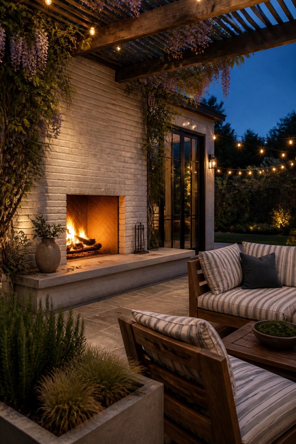 An outdoor patio featuring a white brick fireplace, wooden seating with striped cushions, a pergola with string lights, and surrounding plants at dusk.