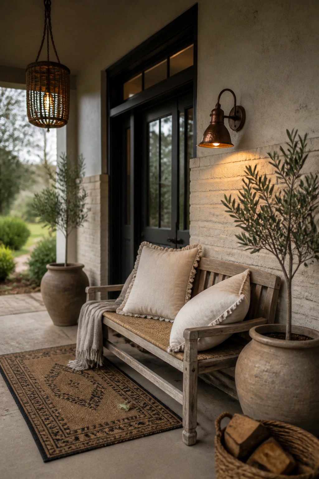 A wooden bench with neutral pillows sits on a covered porch beside a limewashed brick wall and black door, with potted plants and a woven rug nearby.