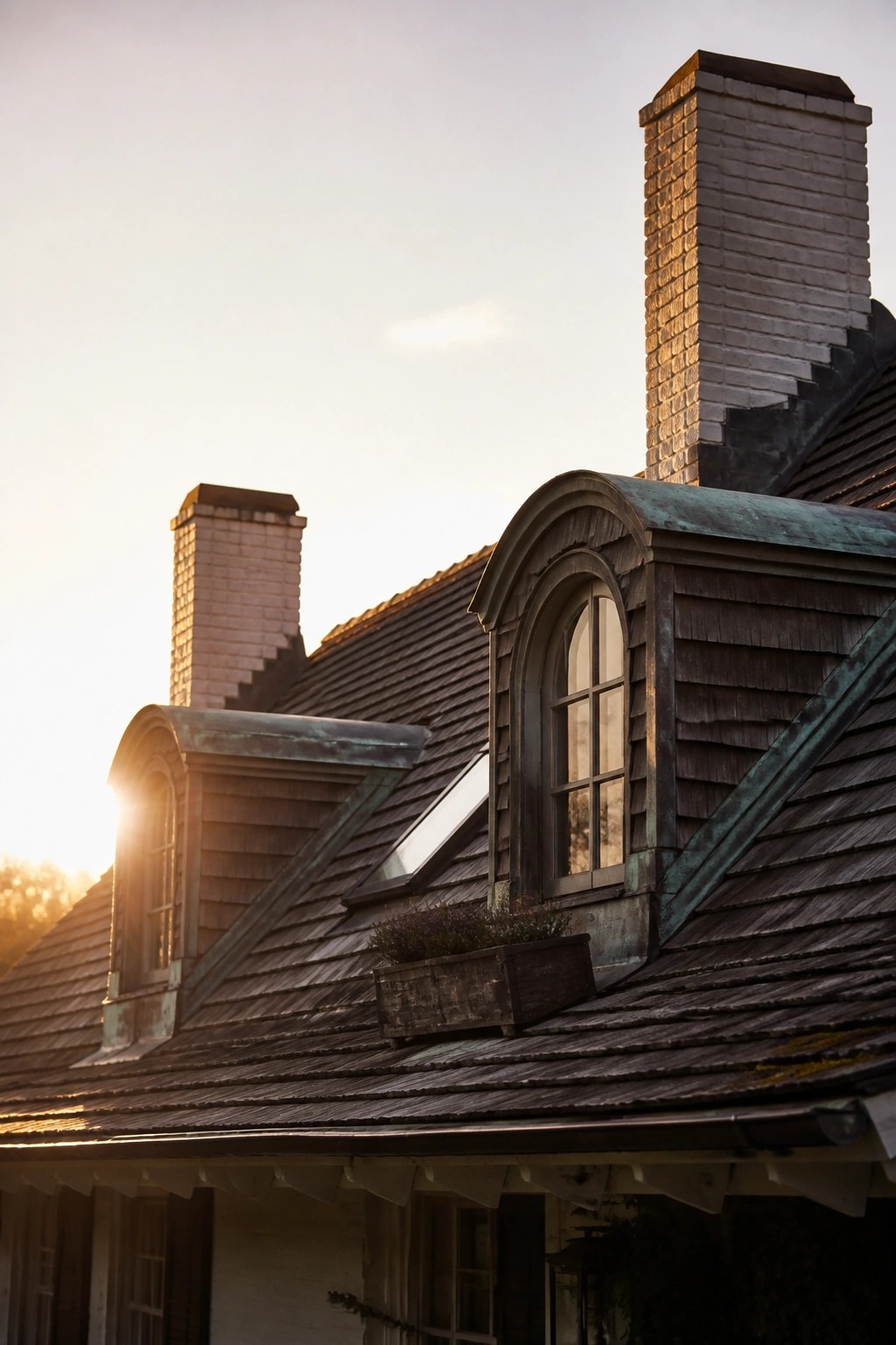 Close view of a dark shingled roof with two whitewashed brick chimneys and a dormer window with copper trim.