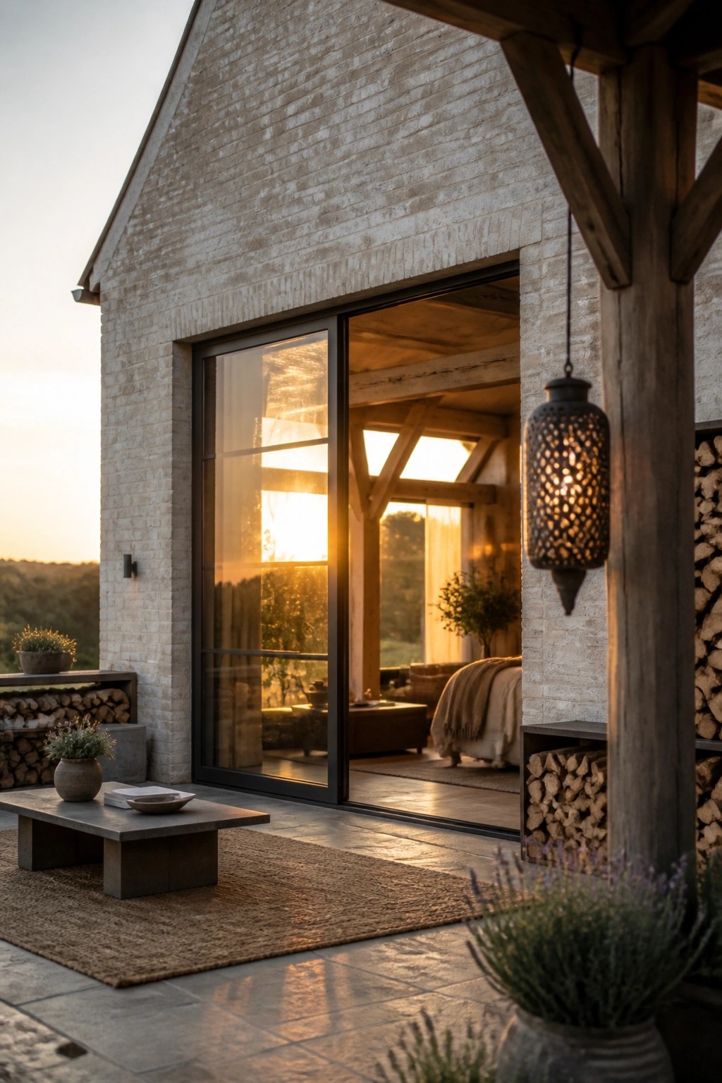 A limewashed brick farmhouse exterior features large black-framed sliding glass doors, a wooden support post with a hanging metal lantern, and stacked firewood along the wall beside a stone patio.