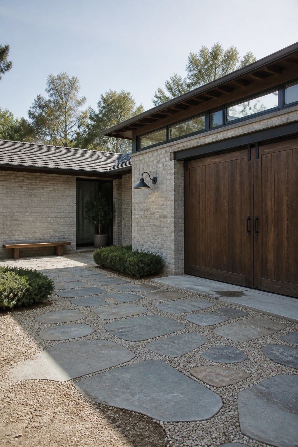 Modern brick house with wooden garage doors and stone pathway courtyard