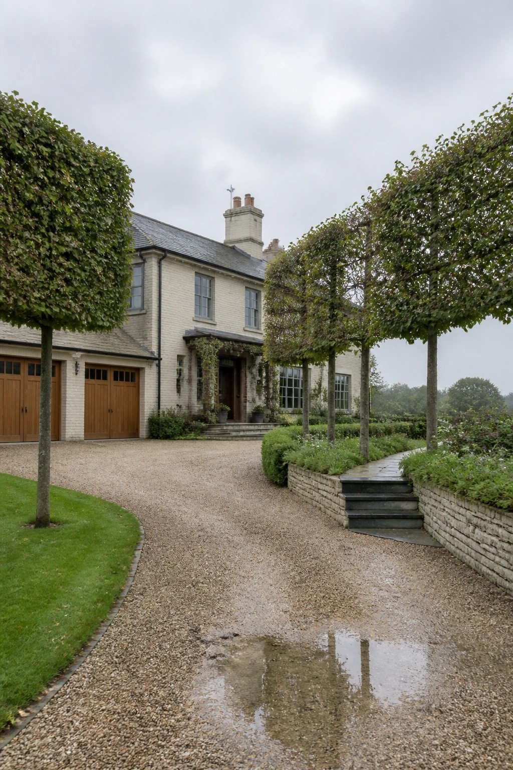 White brick house with gravel driveway, topiary trees, and stone steps on overcast day.
