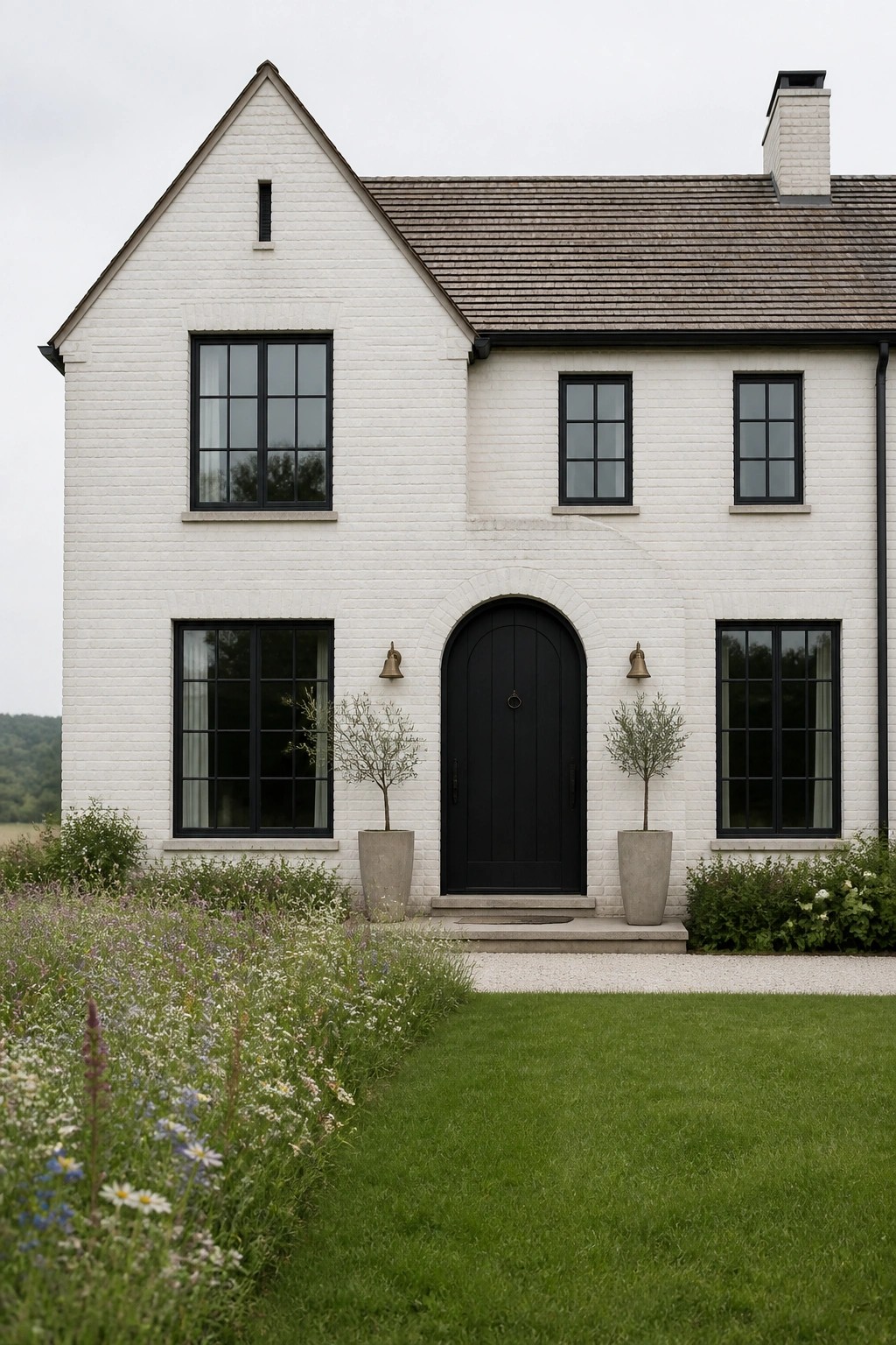 A white limewashed brick house with black-framed windows, a black arched door, and two potted trees beside the entry.