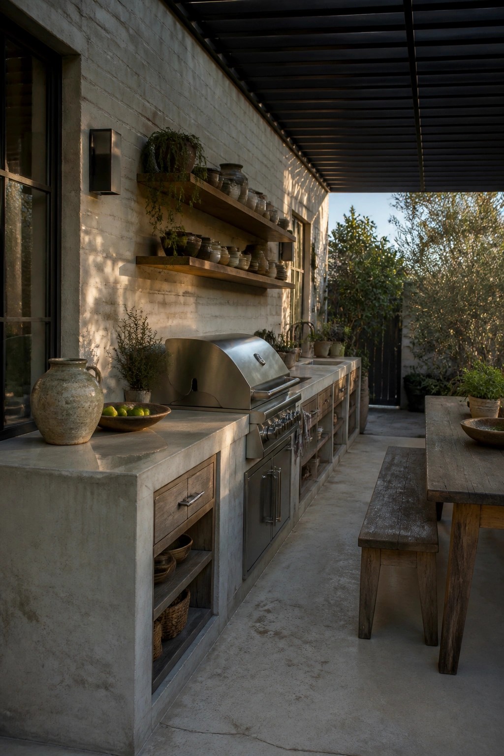 An outdoor kitchen with a limewashed brick wall, wooden floating shelves, stainless steel grill, concrete counter, and a wooden dining table with bench on a concrete patio.