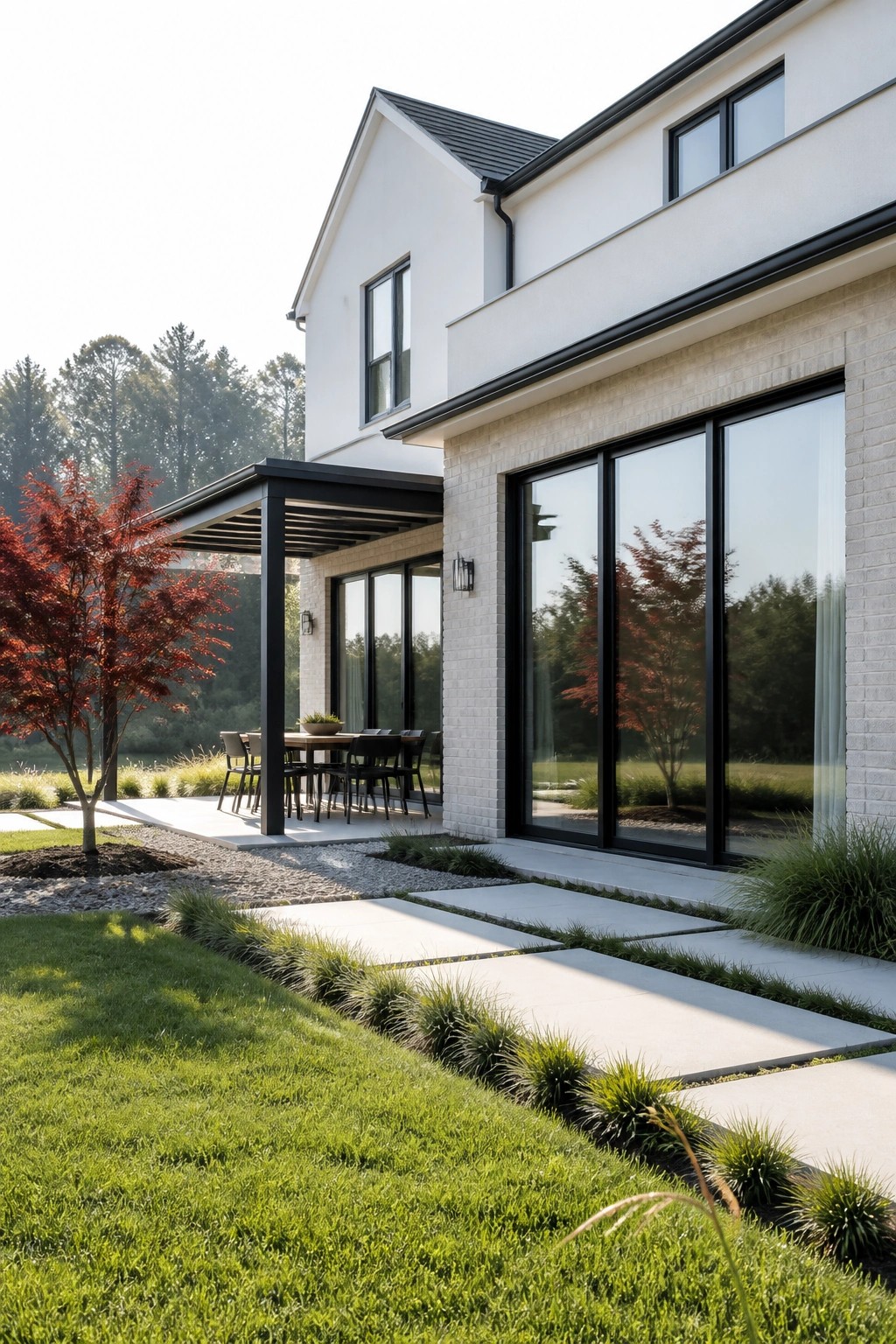 A white brick farmhouse exterior with black-framed glass doors and windows, a covered patio, and concrete pathway leading through a landscaped yard.